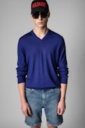 Vasko Jumper - Men's royal blue merino jumper with embroidered back
