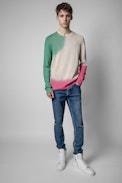 Pull Kennedy - Pull en coton tricolore vert écru et rouge Homme