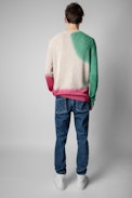 Pull Kennedy - Pull en coton tricolore vert écru et rouge Homme