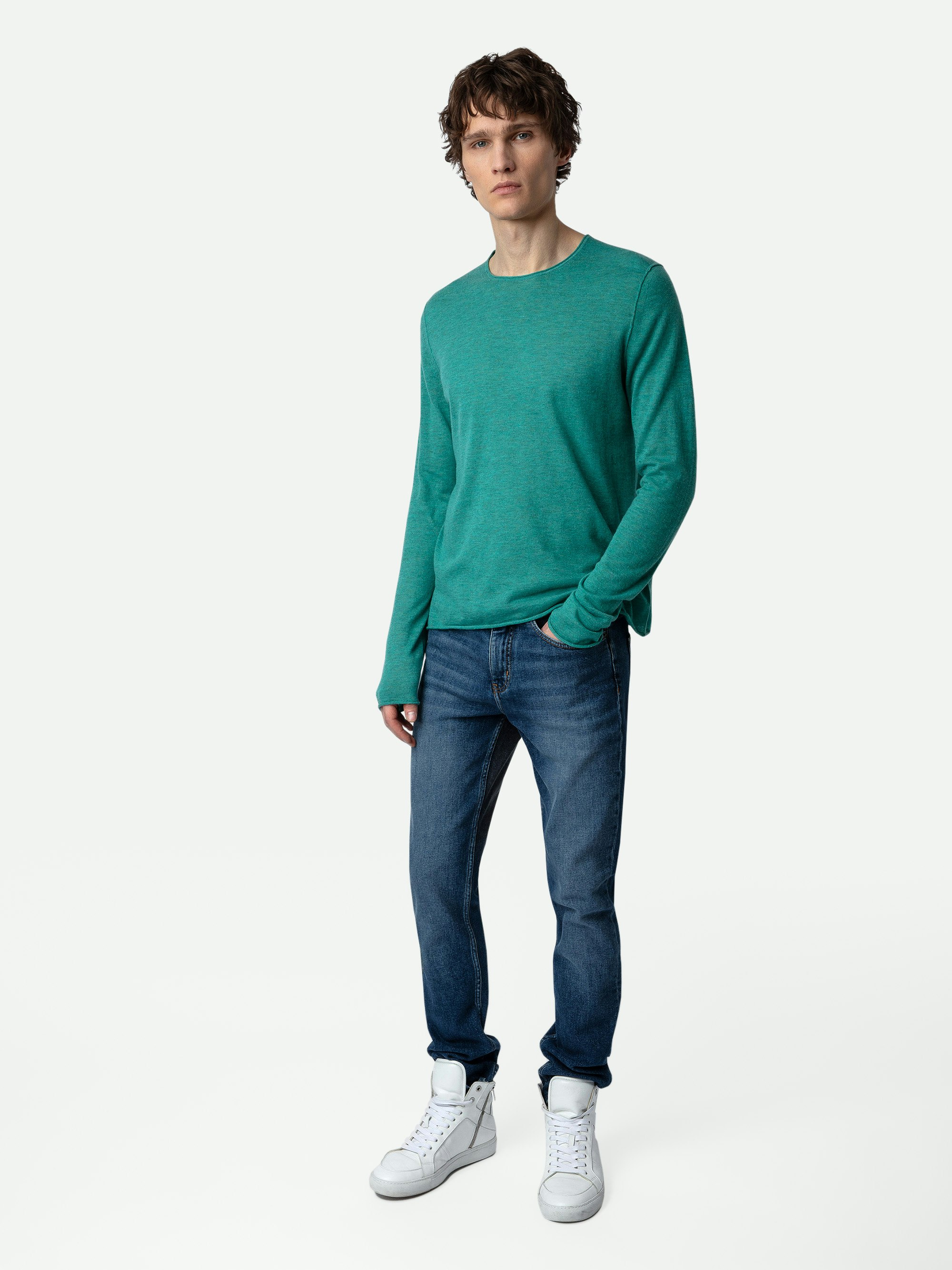 Teiss Cashmere Sweater - Blue green feather cashmere sweater with round neckline and long sleeves.