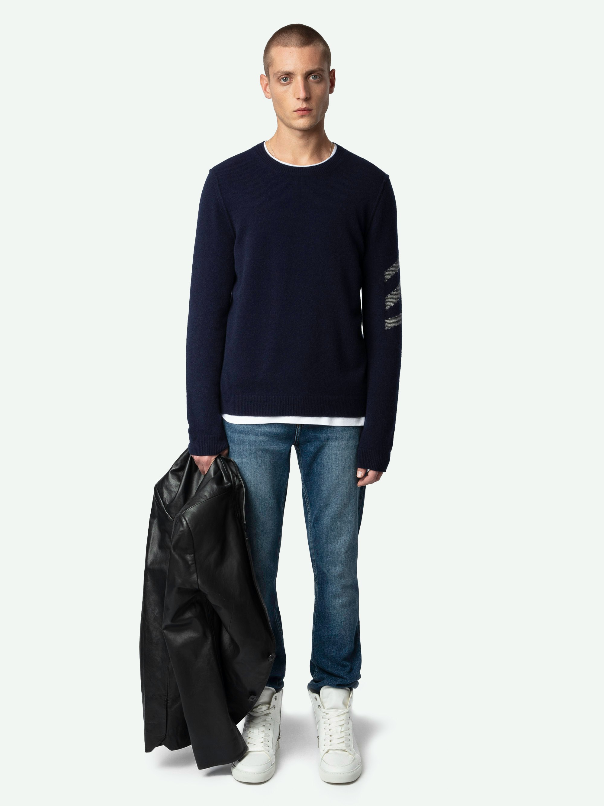 Kennedy Cashmere Sweater - Navy blue cashmere sweater with long sleeves and arrow detail on the left arm.