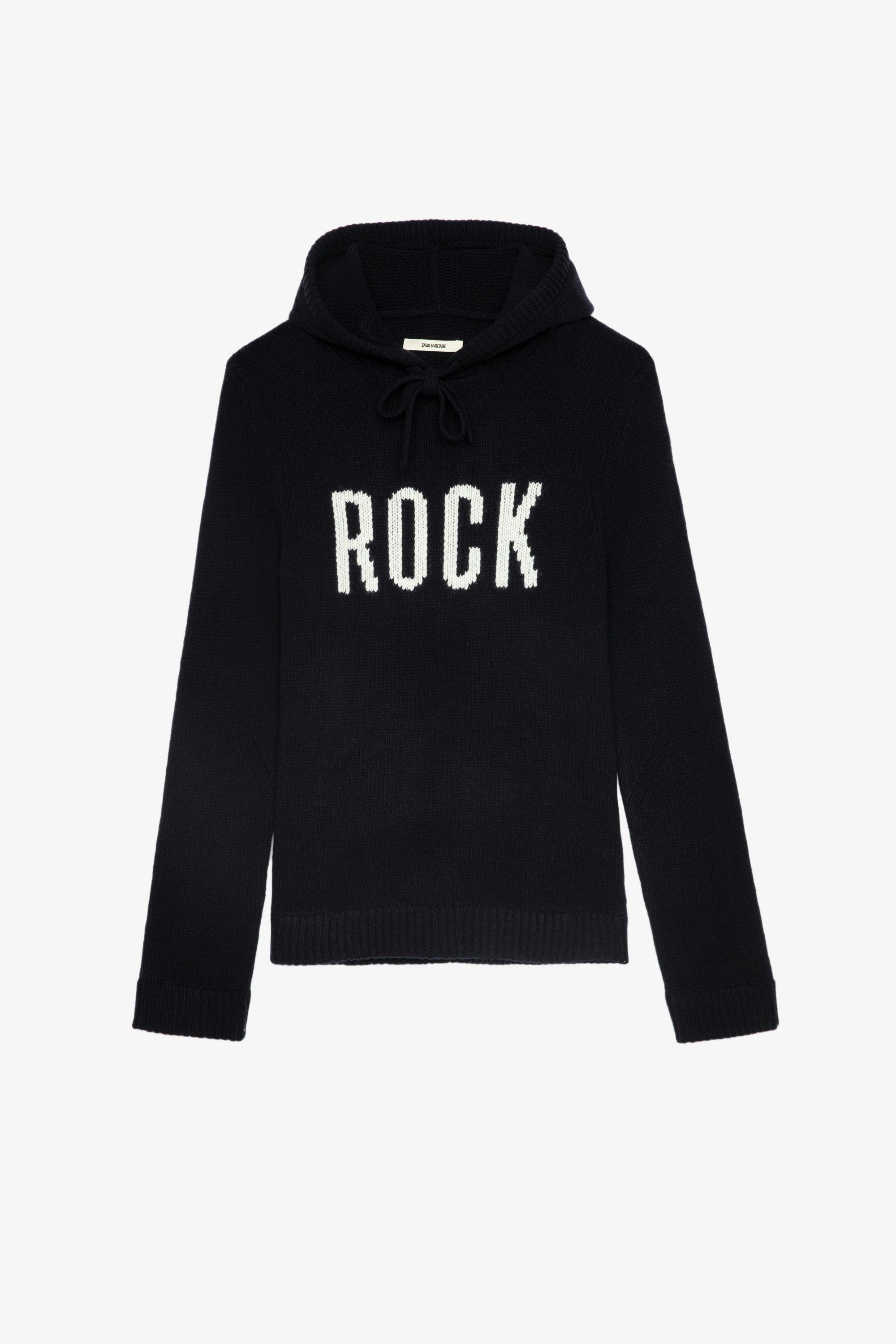 Clay Sweater Men’s hooded sweater in navy-blue knit with contrasting “Rock” slogan