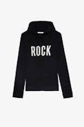 Pullover Clay - Marineblauer Herren-Strickpullover mit Kapuze und kontrastierendem „Rock“-Schriftzug