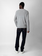 Maglione Kennedy Arrow 100% Cachemire - Maglione unisex in 100% cashmere grigio chiaro screziato decorato con frecce sulla manica.