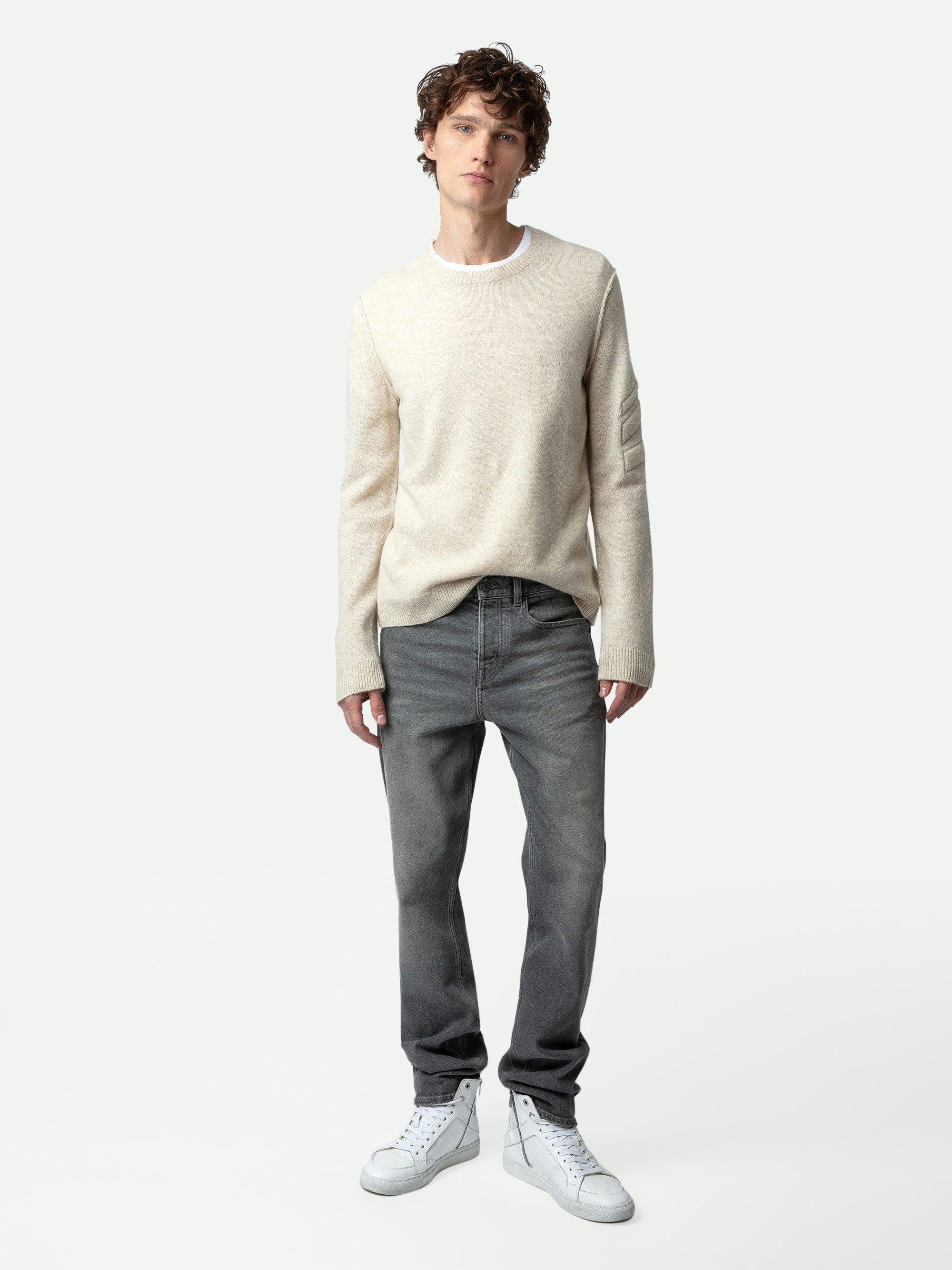 Kennedy Jumper 100% Cashmere  - Ecru 100% cashmere round-neck jumper with arrows on the left sleeve.