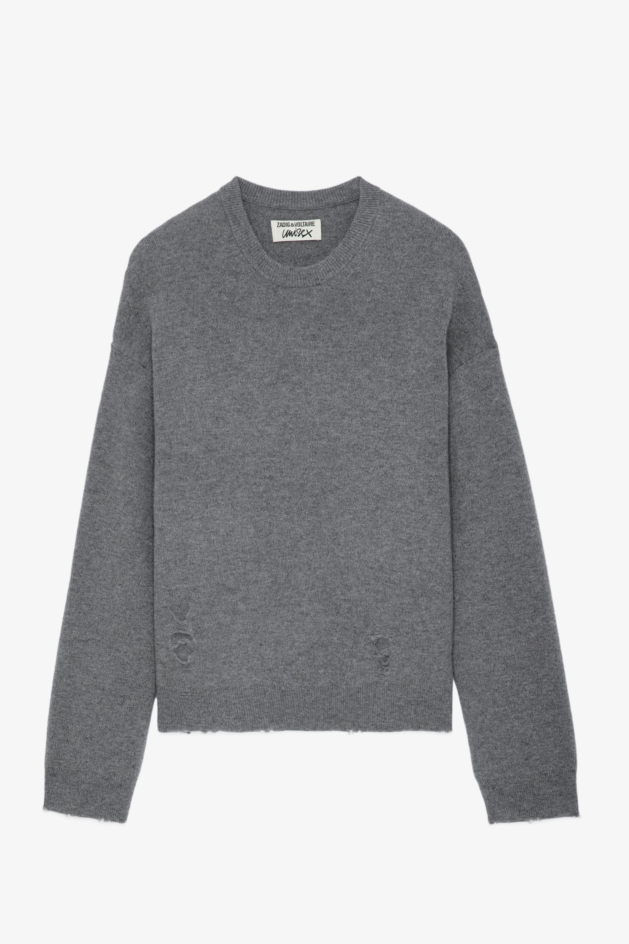 Marko Sweater - Grey distressed-effect wool jumper with long sleeves and round neckline.