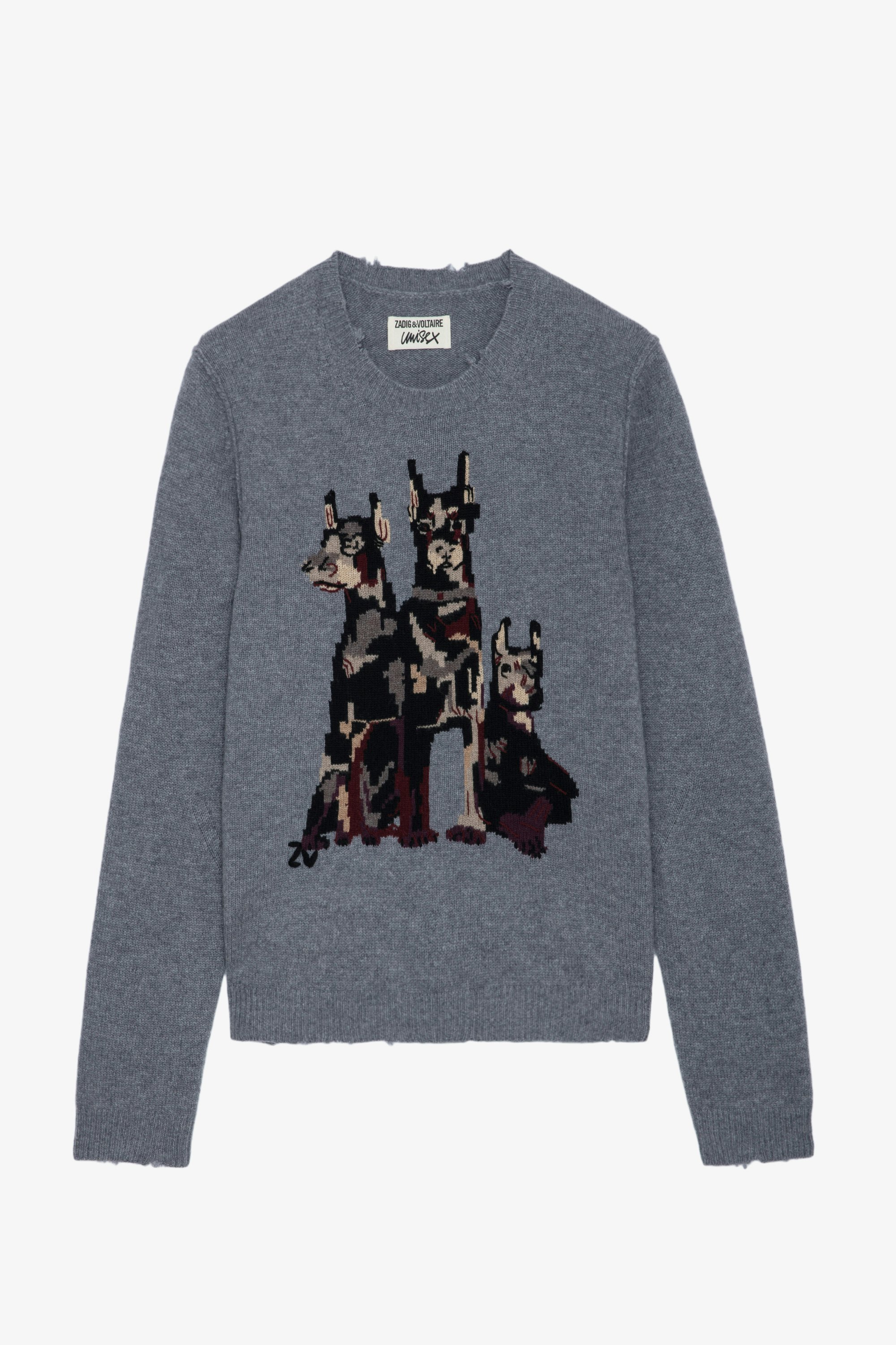 Kennedy Cashmere Jumper - Grey cashmere round-neck jumper with long sleeves and Doberman motif.