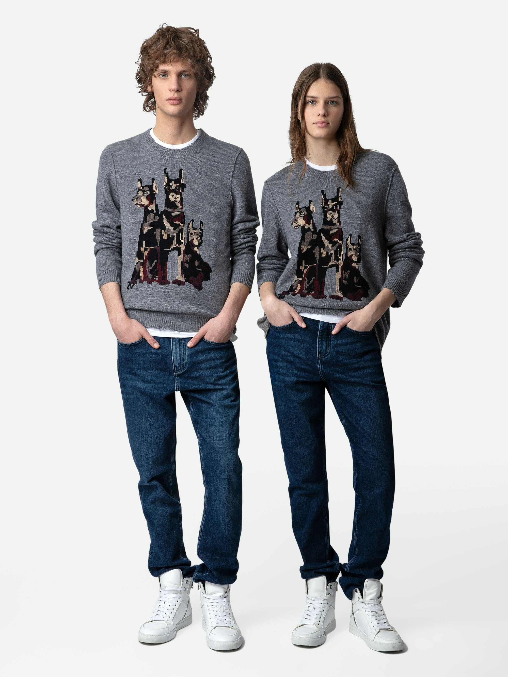 Kennedy Cashmere Sweater - Grey cashmere round-neck jumper with long sleeves and Doberman motif.