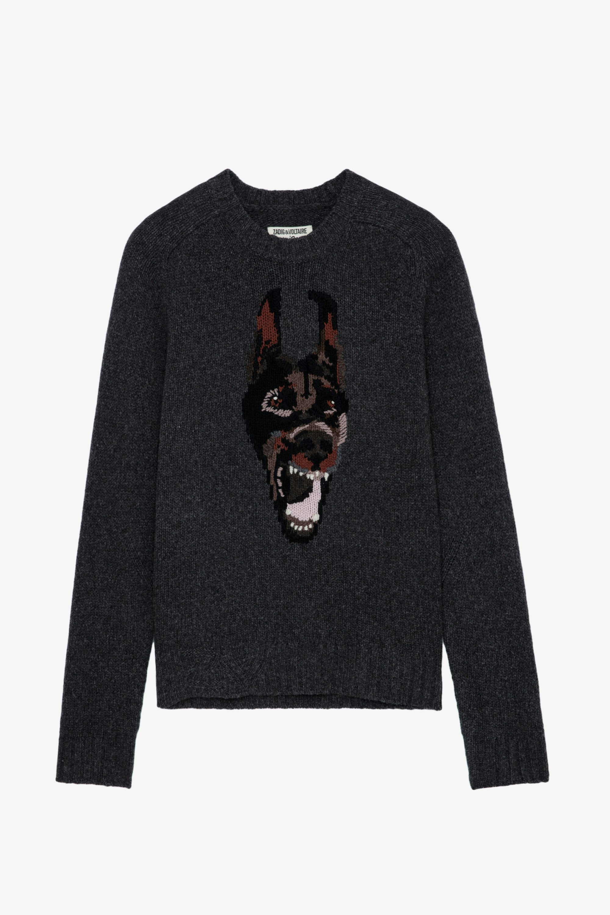 Jordan Sweater - Dark grey merino wool round-neck jumper with long sleeves and Doberman motif.