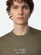 Kennedy Sweater - Distressed-effect men's khaki sweater in merino wool with “No Heart No Art” embroidery designed by Humberto Cruz.