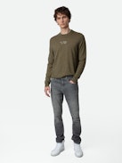 Kennedy Sweater - Distressed-effect men's khaki sweater in merino wool with “No Heart No Art” embroidery designed by Humberto Cruz.