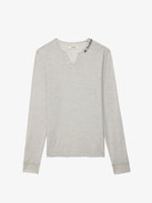 Monastir Jumper 100% Merino Wool - Light grey 100% merino wool jumper with Henley neckline featuring “Be Fucking Nice” embroidery.