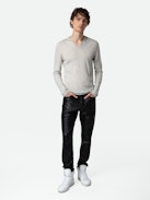 Monastir Jumper 100% Merino Wool - Light grey 100% merino wool jumper with Henley neckline featuring “Be Fucking Nice” embroidery.