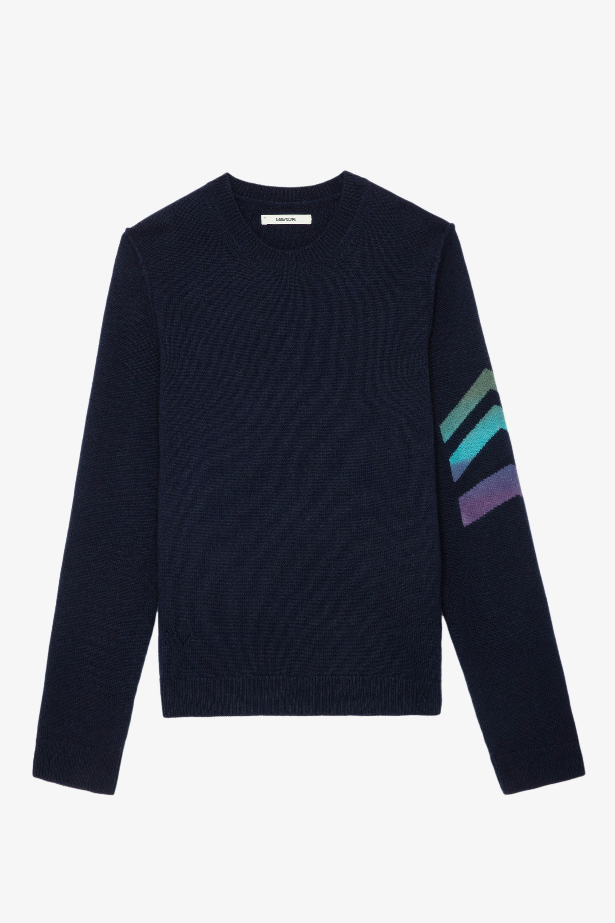 Kennedy Cashmere Jumper - Navy blue cashmere round-neck jumper with tie-dye arrows on the left sleeve.