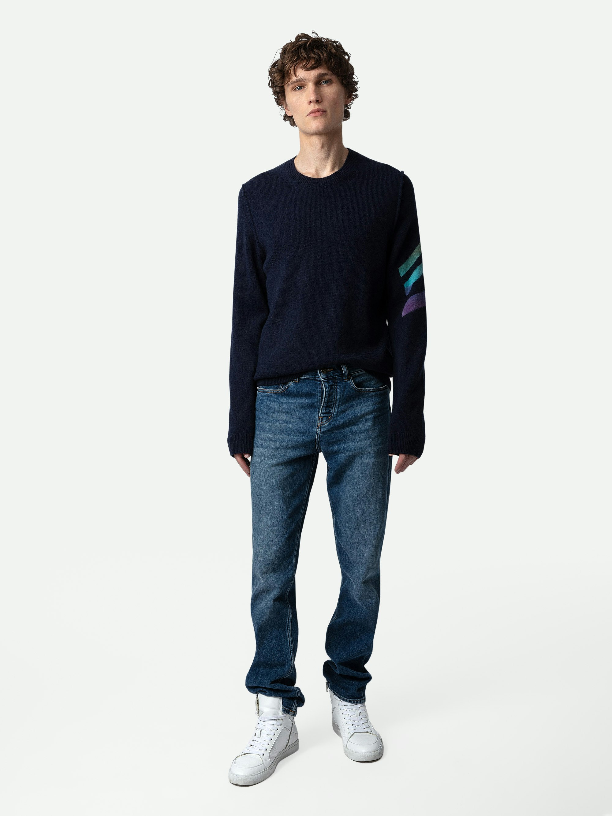 Kennedy Cashmere Sweater - Navy blue cashmere round-neck jumper with tie-dye arrows on the left sleeve.