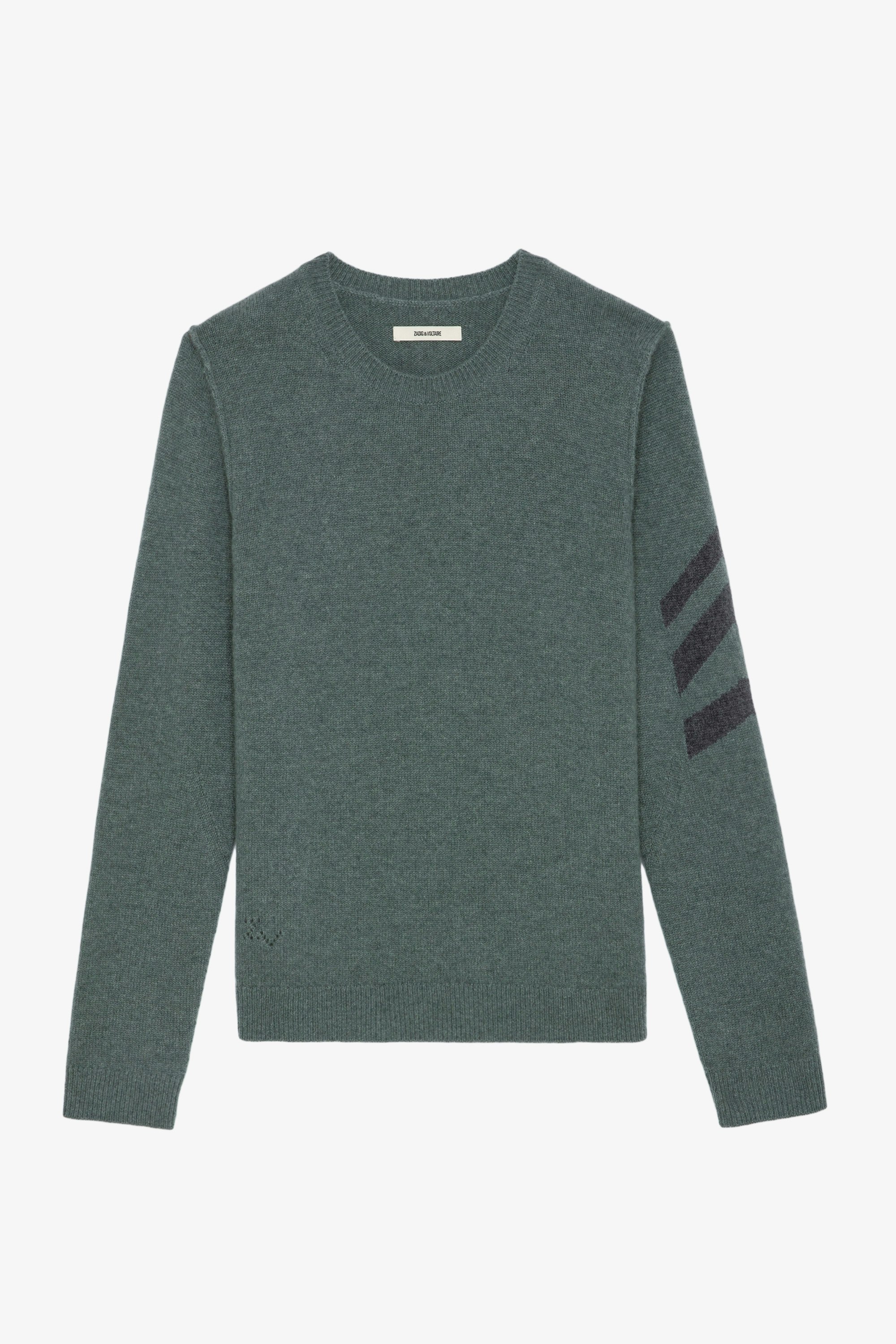 Kennedy Cashmere Jumper - Grey cashmere round-neck jumper with arrows on the left sleeve.