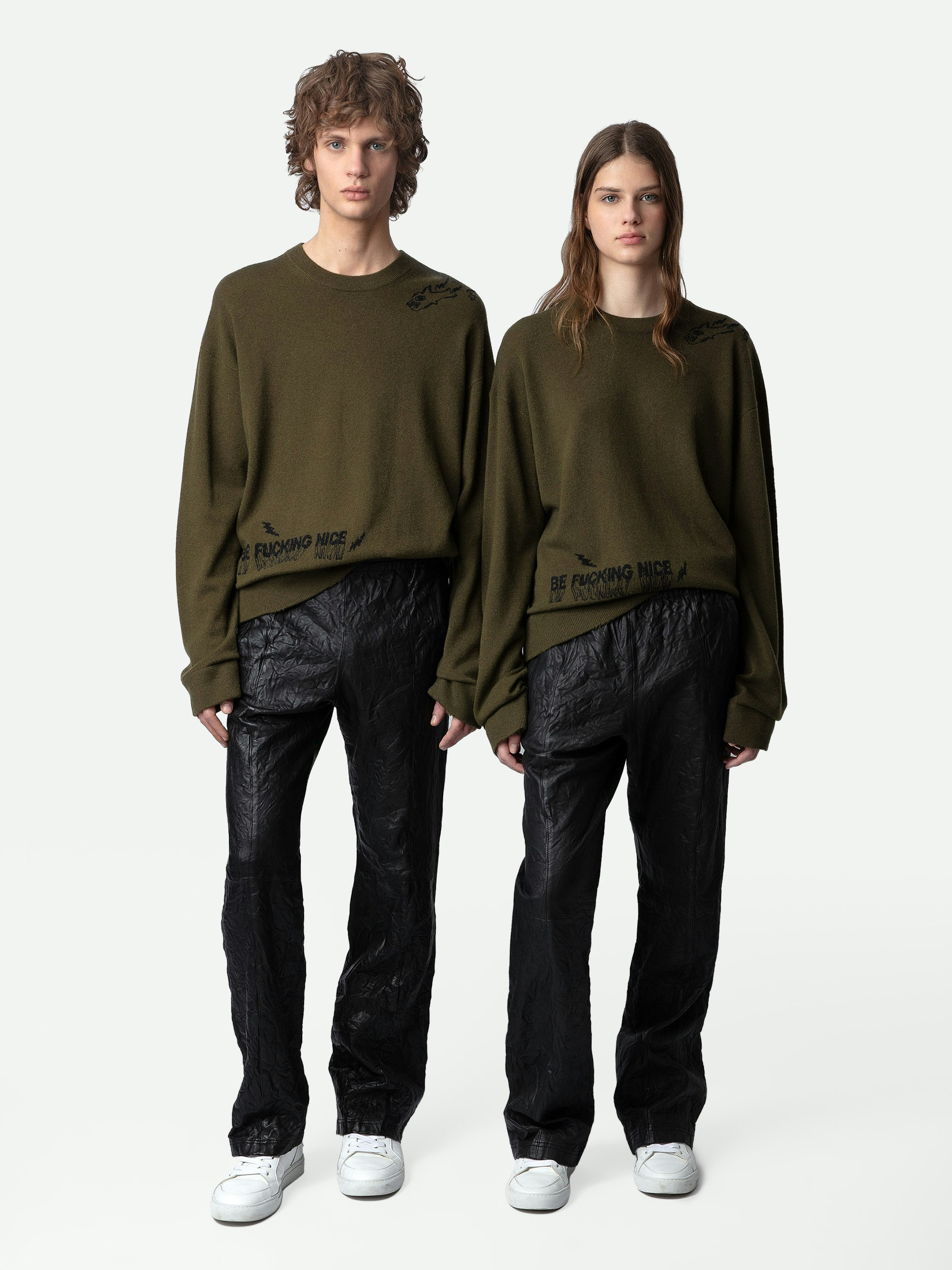 Marko Jumper - Khaki wool and cashmere long-sleeved jumper with graffiti motifs and slogans.