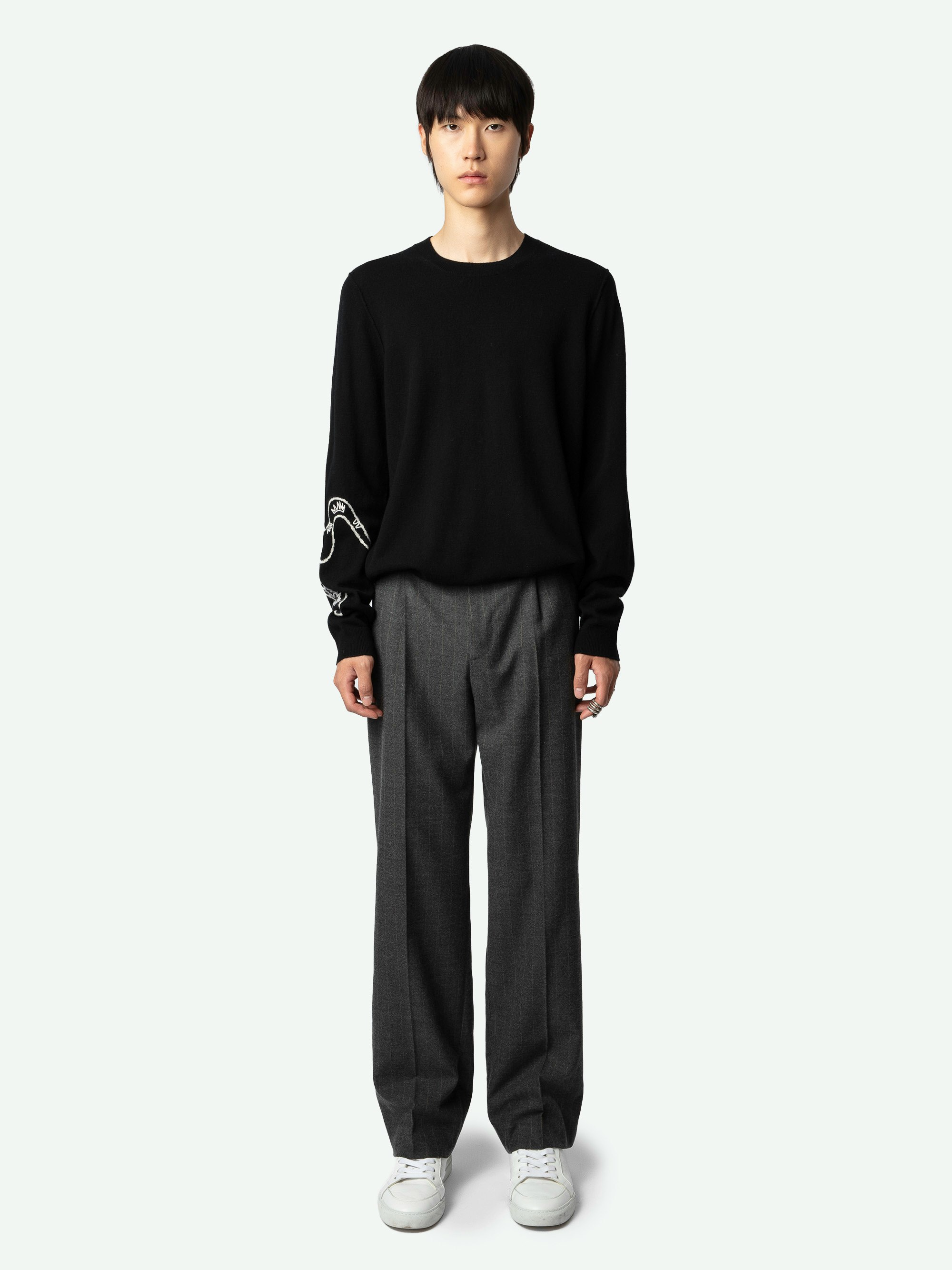 Kennedy Sweater - Long-sleeved black cashmere and wool sweater with intarsia and embroidery on the front and left arm, and cactus on the back.