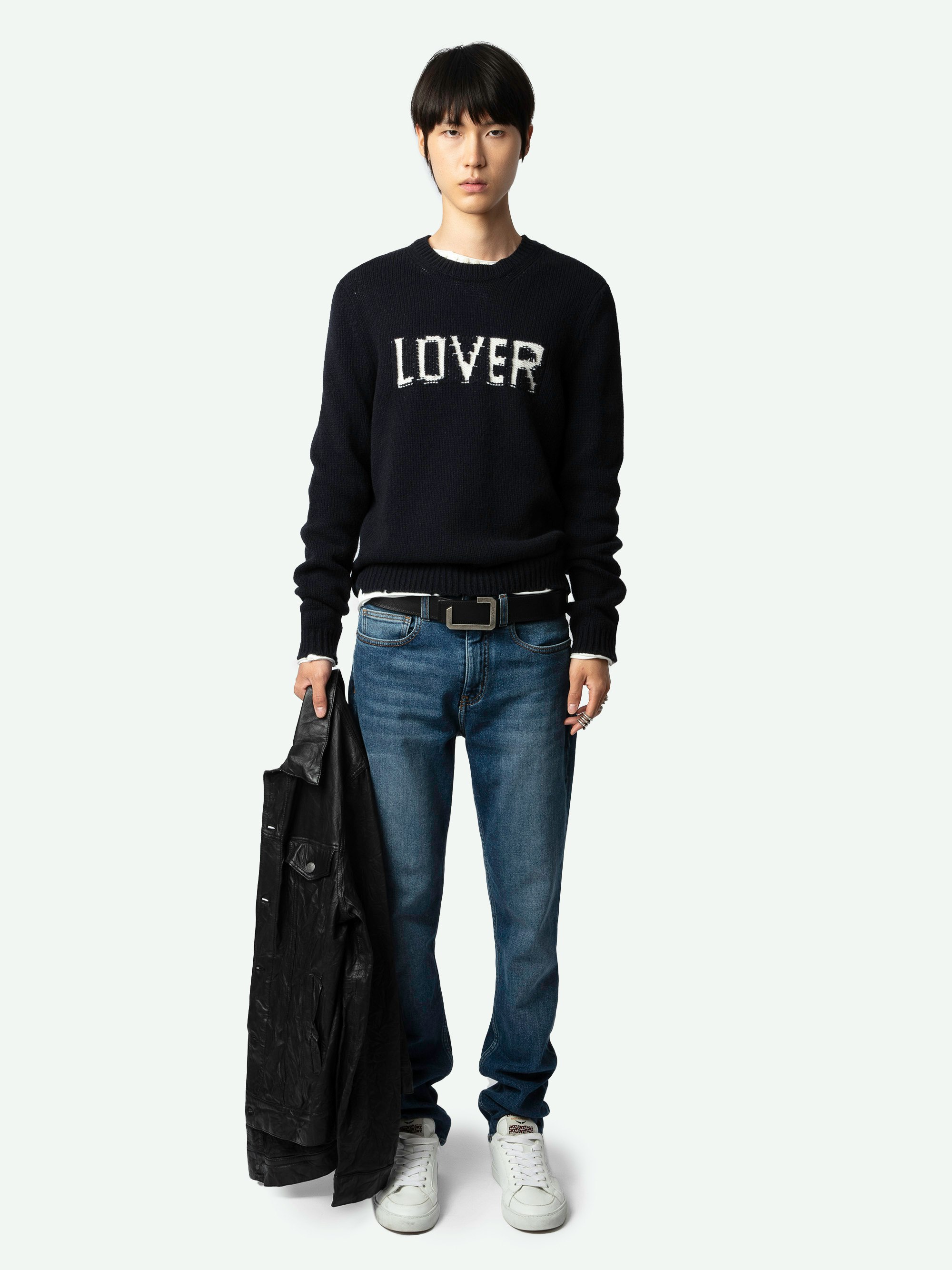 Kennedy Cashmere Sweater - Long-sleeved thick black merino wool sweater with worn-effect jacquard "Lover" message on the front.