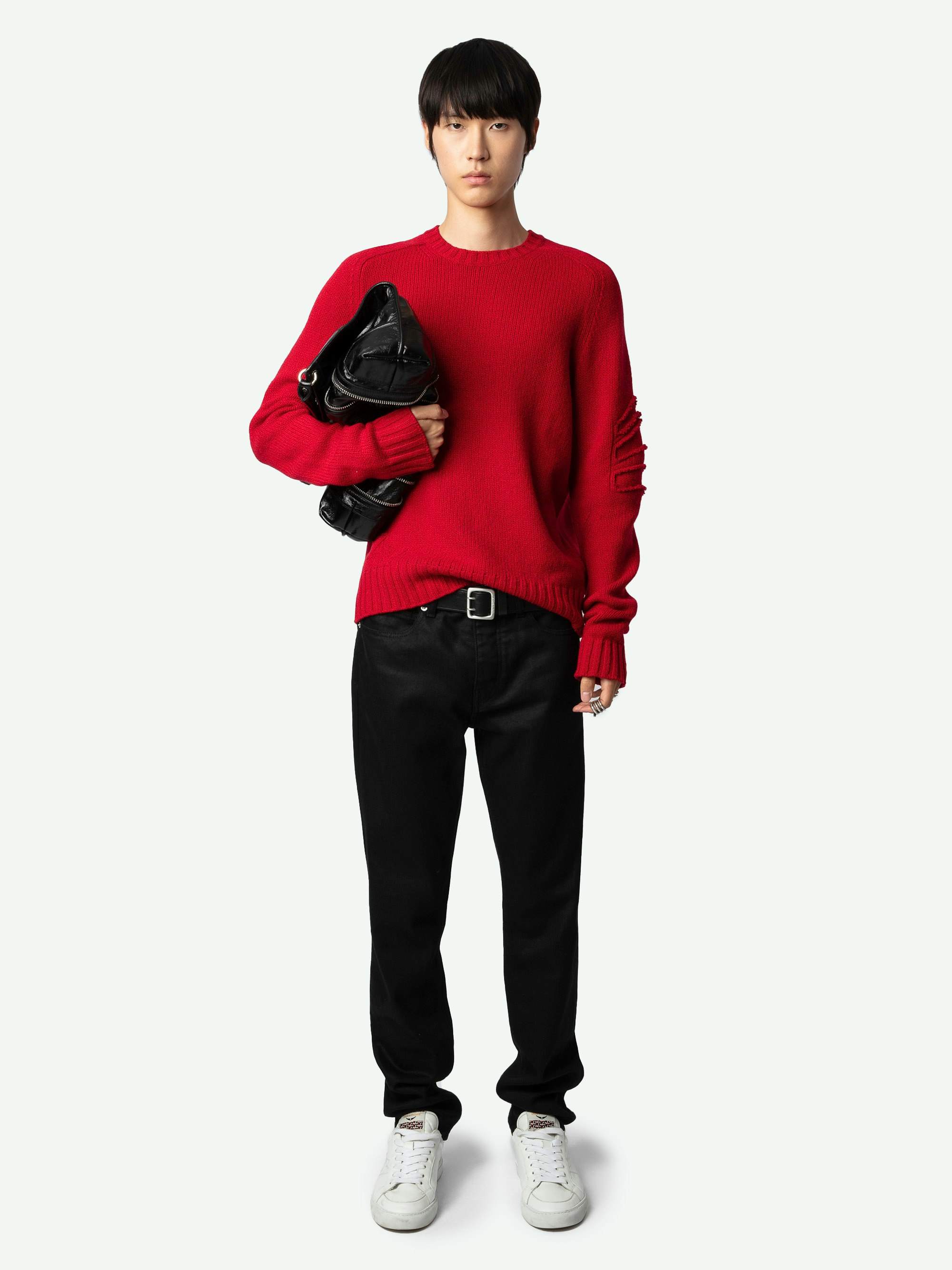 Jordan Arrow Jumper - Long-sleeved red merino wool jumper with raised arrows on the left arm.