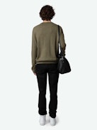 Marko Jumper 100% Merino Wool - Long-sleeved loose-fitting khaki 100% merino wool jumper with ‘We Should Kiss’ embroidery on the collar.
