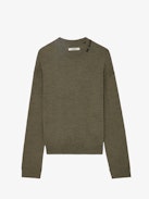 Marko Jumper 100% Merino Wool - Long-sleeved loose-fitting khaki 100% merino wool jumper with ‘We Should Kiss’ embroidery on the collar.