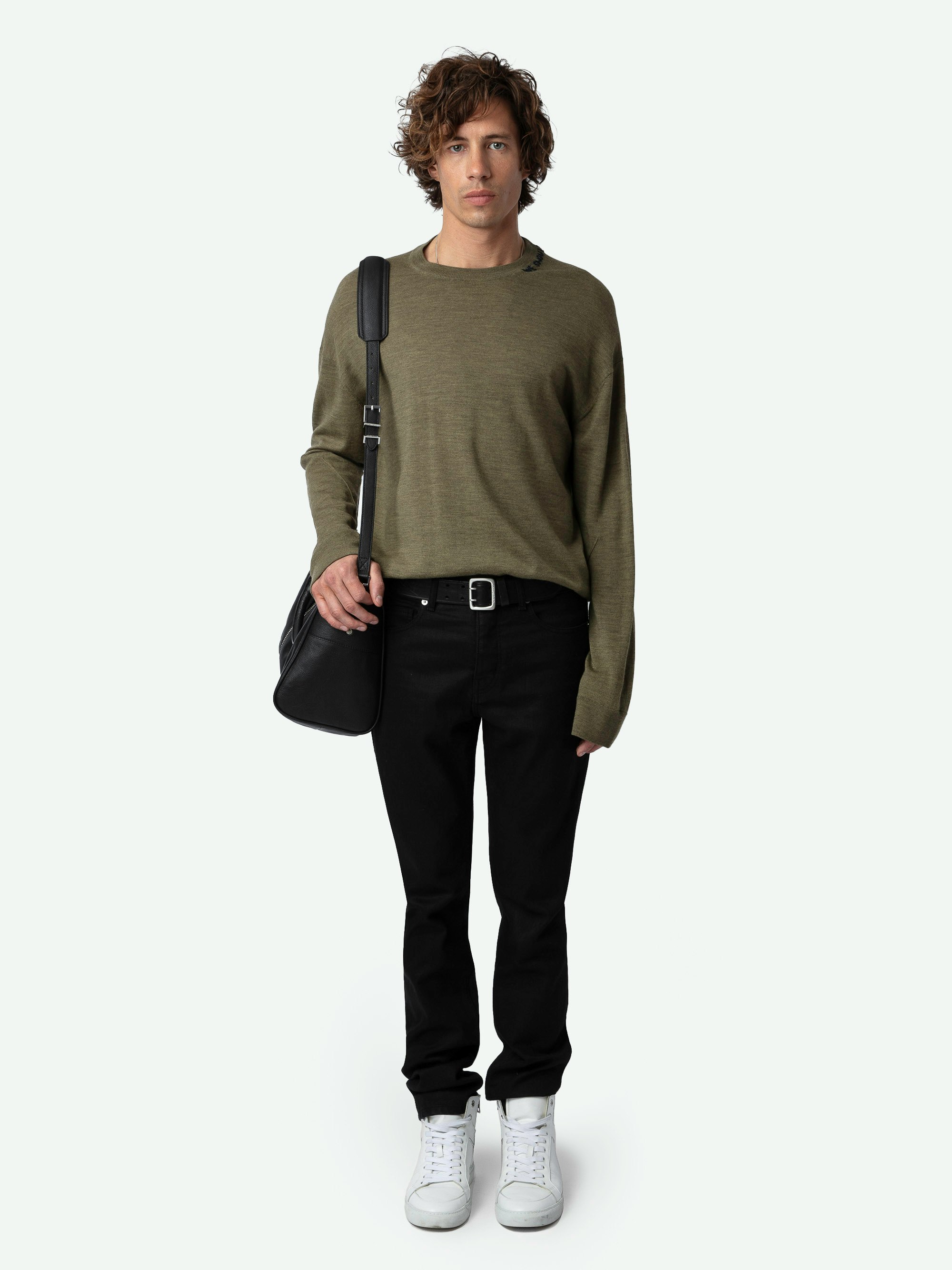 Marko Jumper - Long-sleeved loose-fitting khaki merino wool jumper with ‘We Should Kiss’ embroidery on the collar.