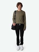 Marko Jumper 100% Merino Wool - Long-sleeved loose-fitting khaki 100% merino wool jumper with ‘We Should Kiss’ embroidery on the collar.
