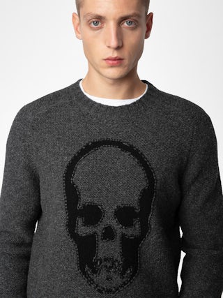 Maglia Jordan 100% Lana Merino - Maglione in 100% lana merino grigia scura, maniche lunghe e motivo Skull.