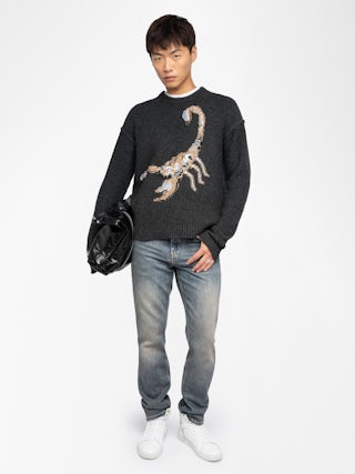 Sweater Marko 100% Merino Wool - Round neck sweater with reverse scorpion intarsia.