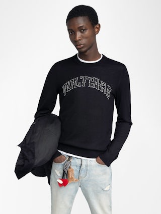 Kennedy Jumper 100% Merino Wool - Round neck jumper with Voltaire writing on the front.