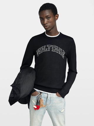 Kennedy Jumper 100% Merino Wool - Round neck jumper with Voltaire writing on the front.