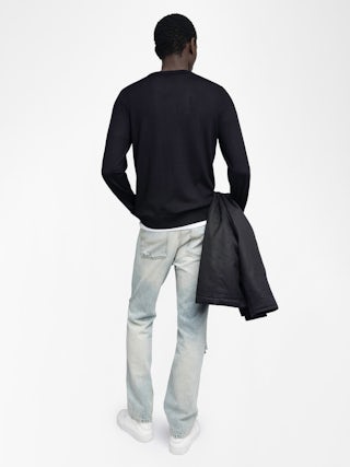 Kennedy Jumper 100% Merino Wool - Round neck jumper with Voltaire writing on the front.