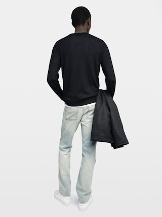 Kennedy Jumper 100% Merino Wool - Round neck jumper with Voltaire writing on the front.