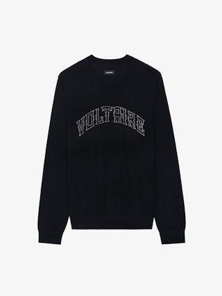 Kennedy Jumper 100% Merino Wool - Round neck jumper with Voltaire writing on the front.