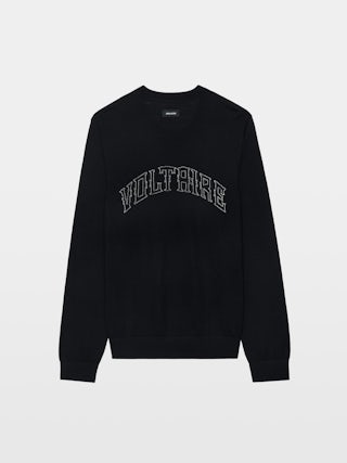 Kennedy Jumper 100% Merino Wool - Round neck jumper with Voltaire writing on the front.