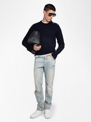 Spike Sweater - Striped sweater with round neck and buttons.