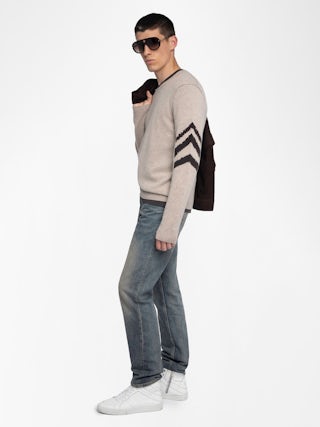 Kennedy Cashmere Sweater - Round neck sweater with arrow on the arm.