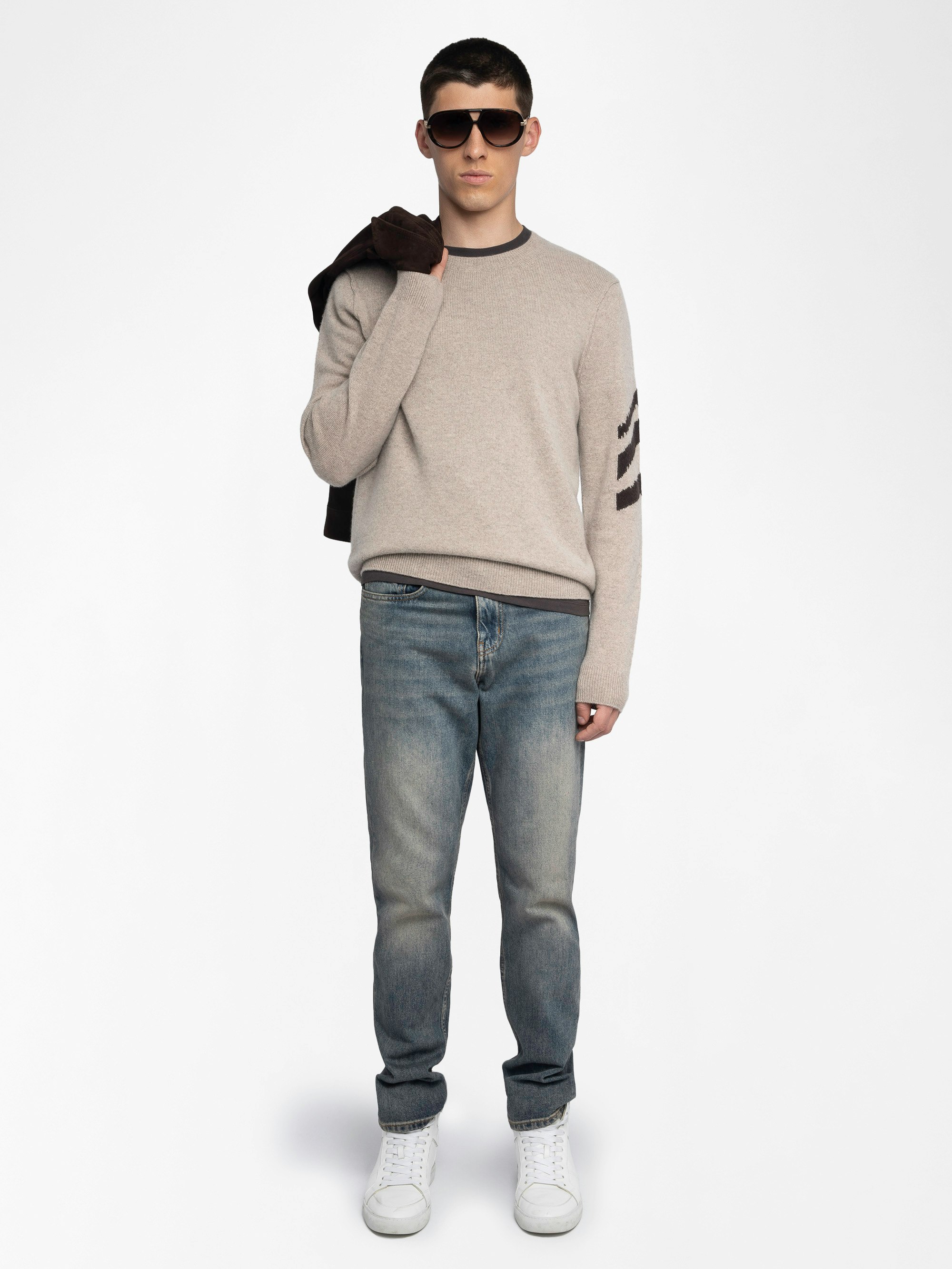 Kennedy Jumper 100% Cashmere - Round neck jumper with arrow on the arm.