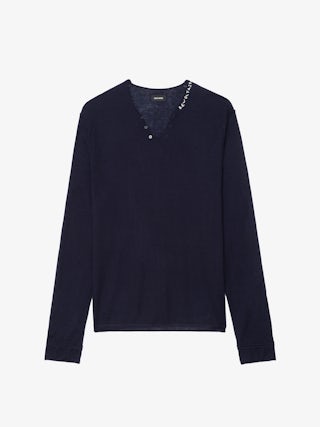 Maglia Monastir 100% cashmere - Maglia con collo Henley e ricamo "Revoltaire".