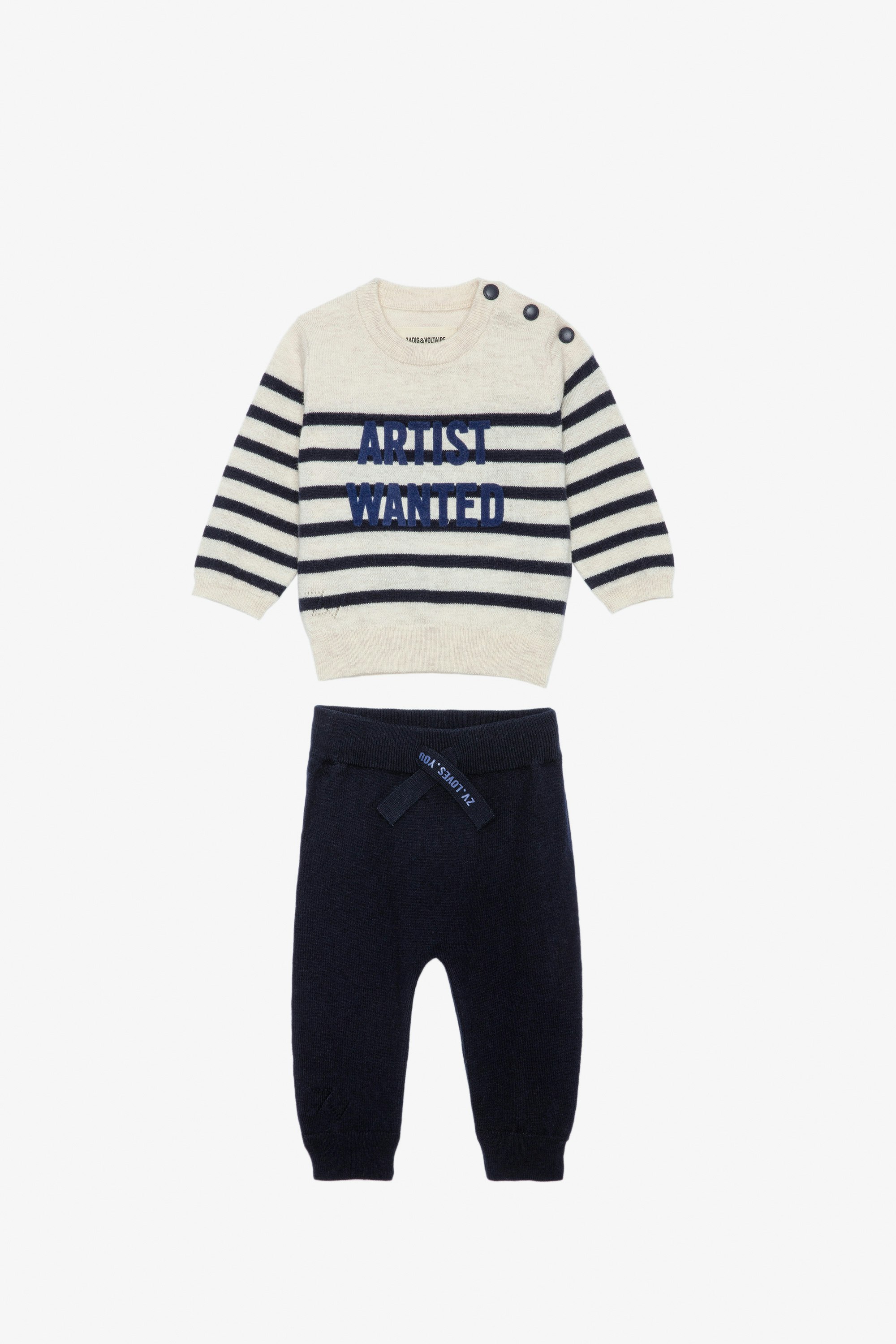 Completo Pona Neonato - Completo maglione a righe con scritta "Artist Wanted" e pantaloni in maglia blu da neonato.