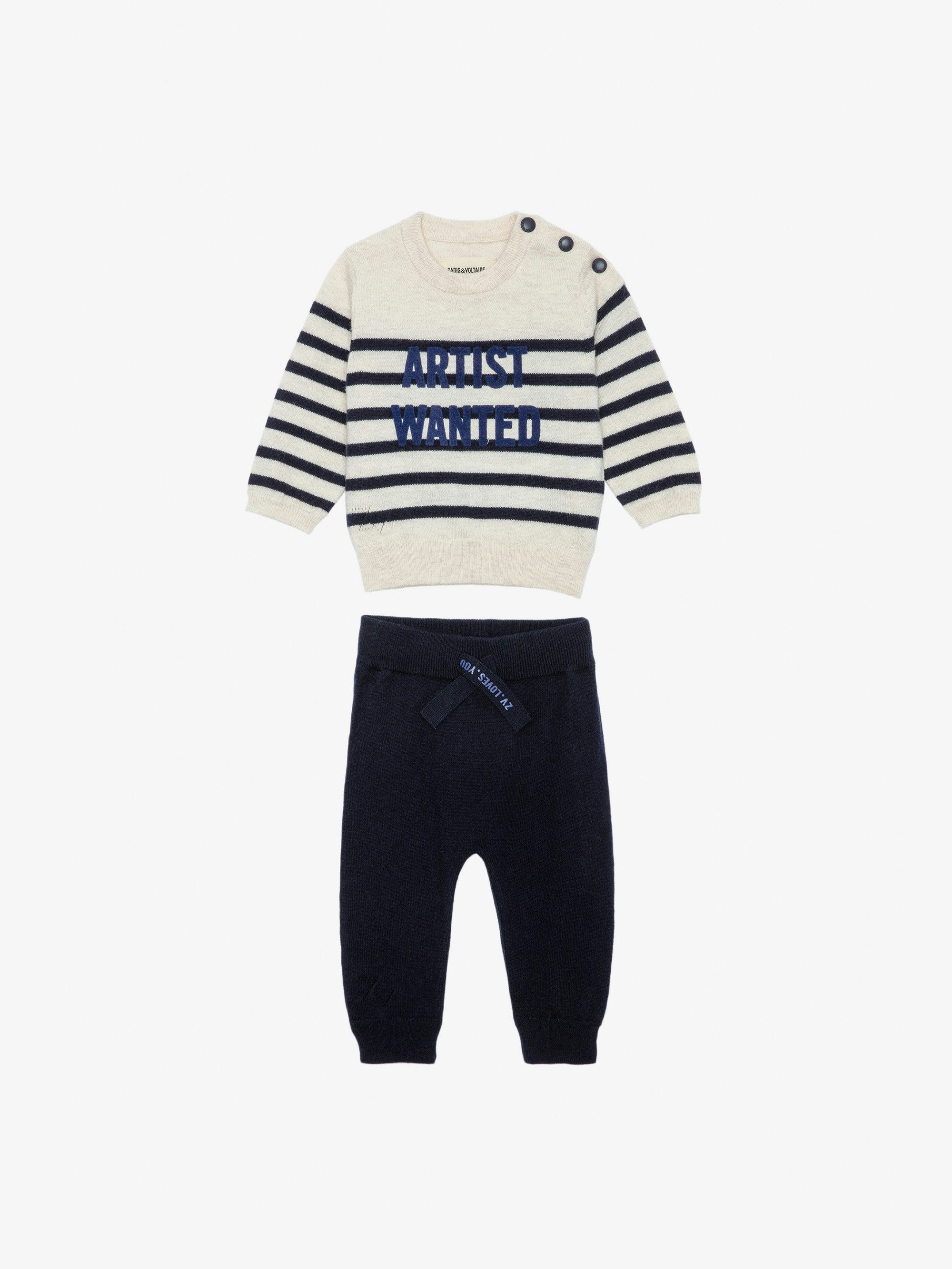 Pona Baby Set - Two-piece baby set with striped jumper featuring the slogan “Artist Wanted” and blue knit trousers.