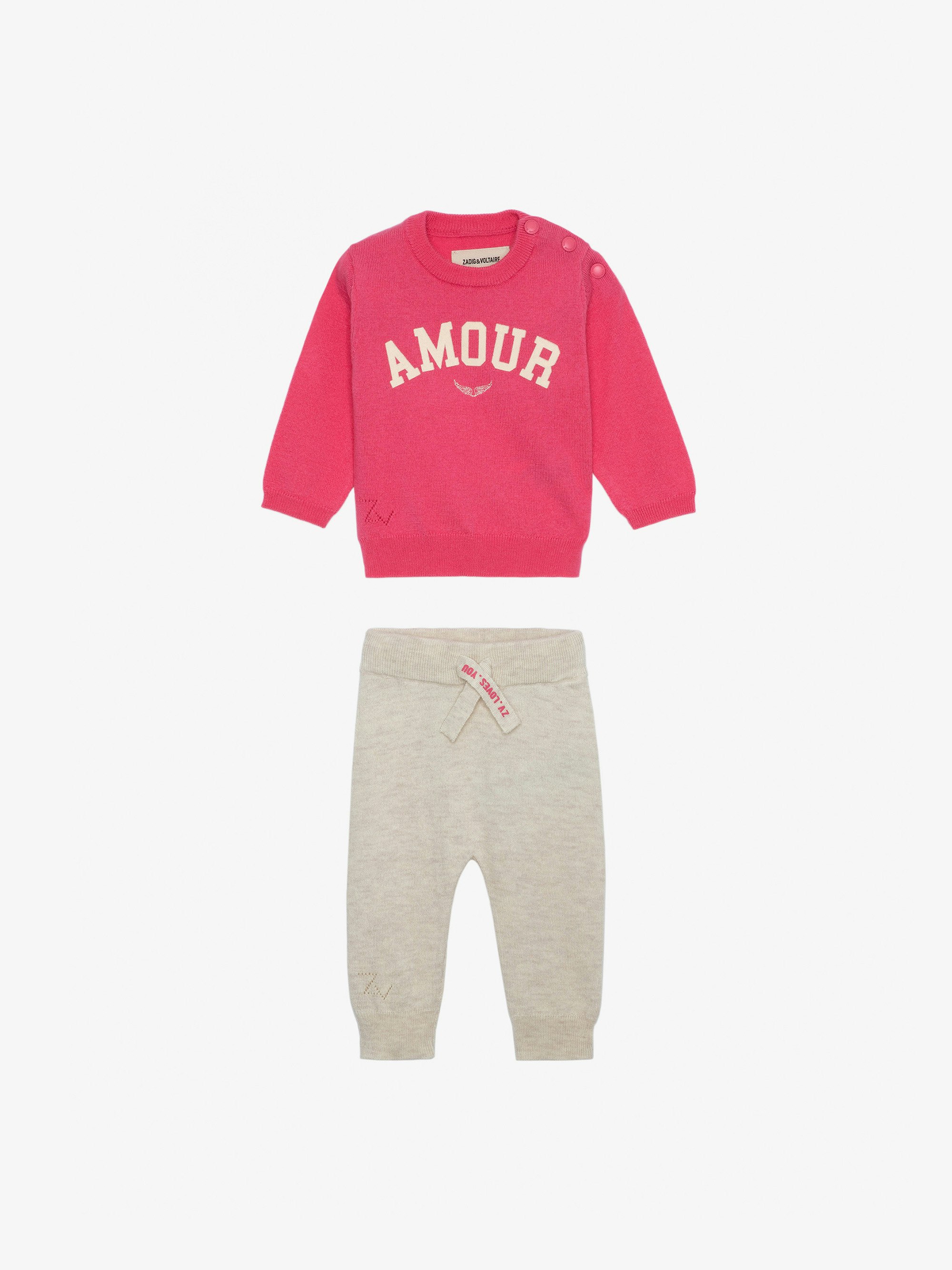 Pona Baby Set - Two-piece baby set with pink knit “Amour” slogan jumper and trousers.
