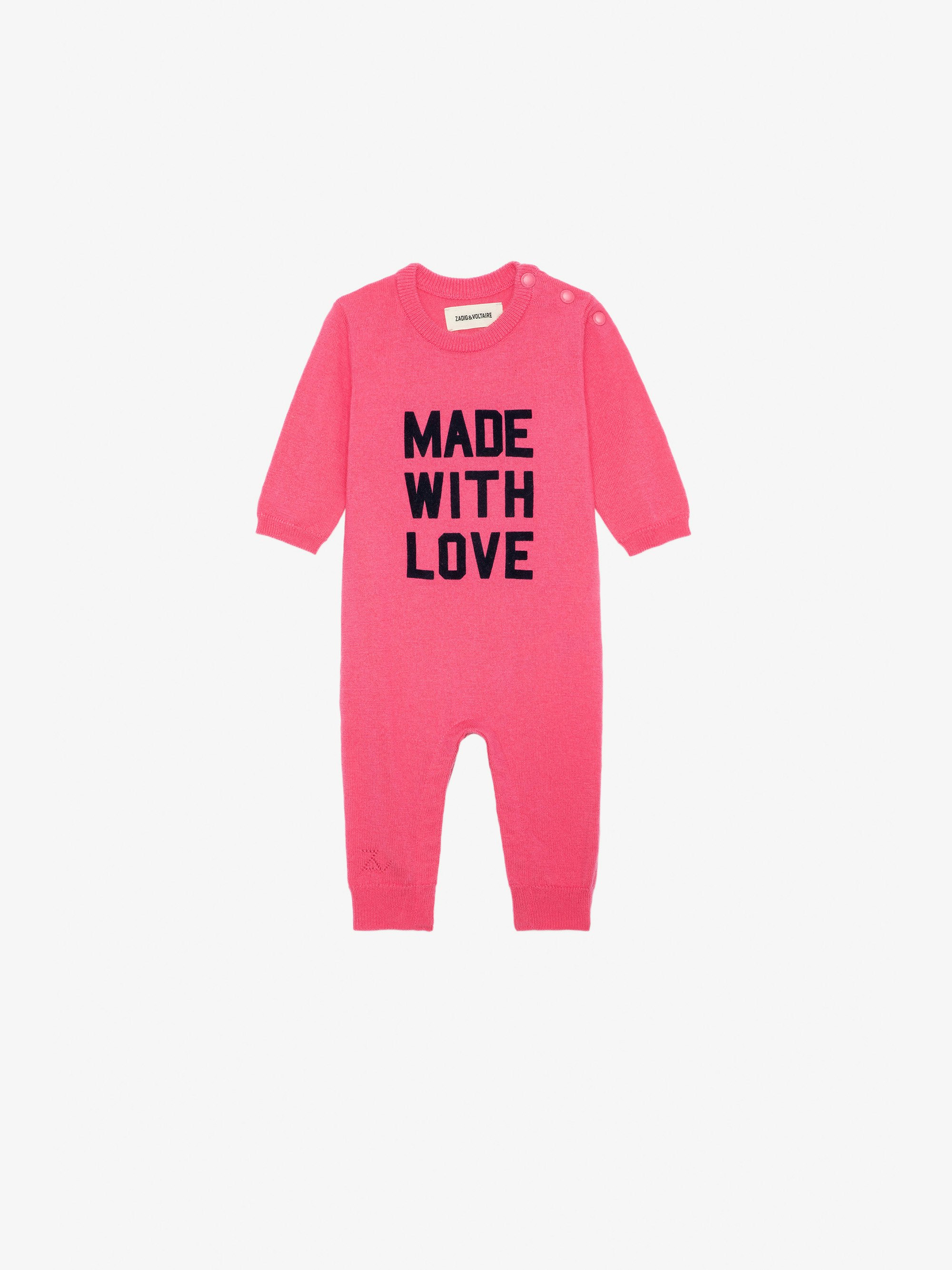 Combinaison Didou Bébé - Combinaison en maille tricot rose à message "Made With Love" bébé.