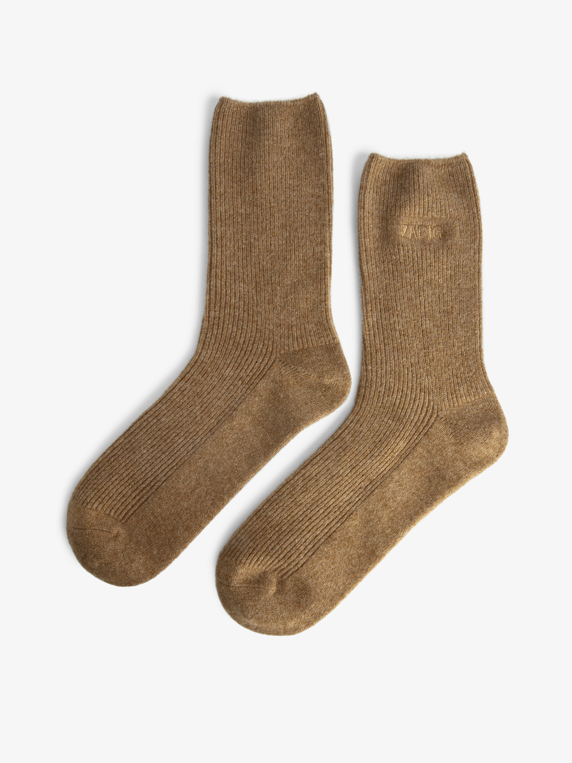 Chaussettes Nacky 100% Cachemire - Chaussettes mi-hautes en 100% cachemire marron et pochette.