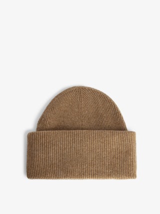 Ben Hat 100% Cashmere - 100% brown cashmere beanie adorned with a signature.