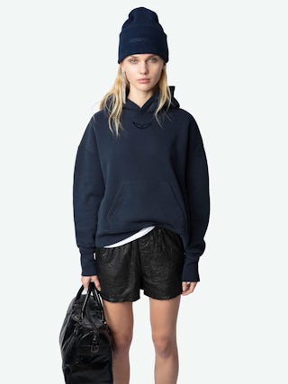 Ben Hat 100% Cashmere - 100% navy blue cashmere hat adorned with a signature.