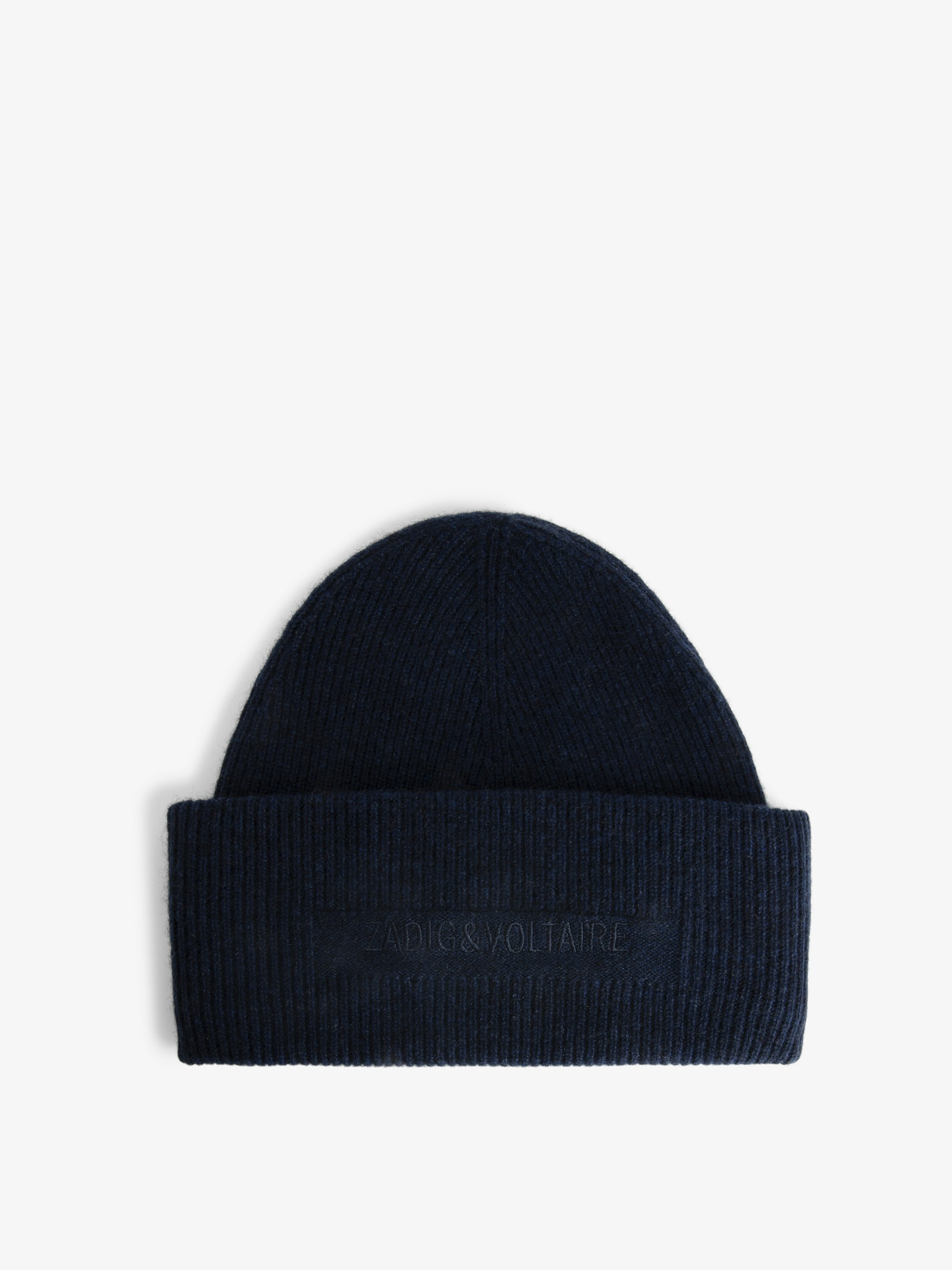 Ben Beanie 100% Cashmere - 100% navy blue cashmere hat adorned with a signature.