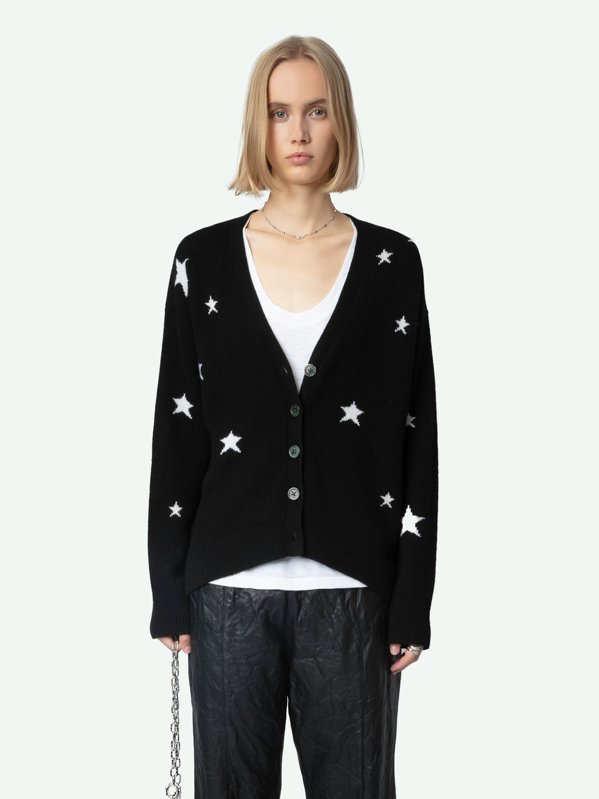 Mirka Stars Cashmere Cardigan - Studded with stars in intarsia jacquard, this long-sleeved button front 100% cashmere cardigan is infinitely soft.