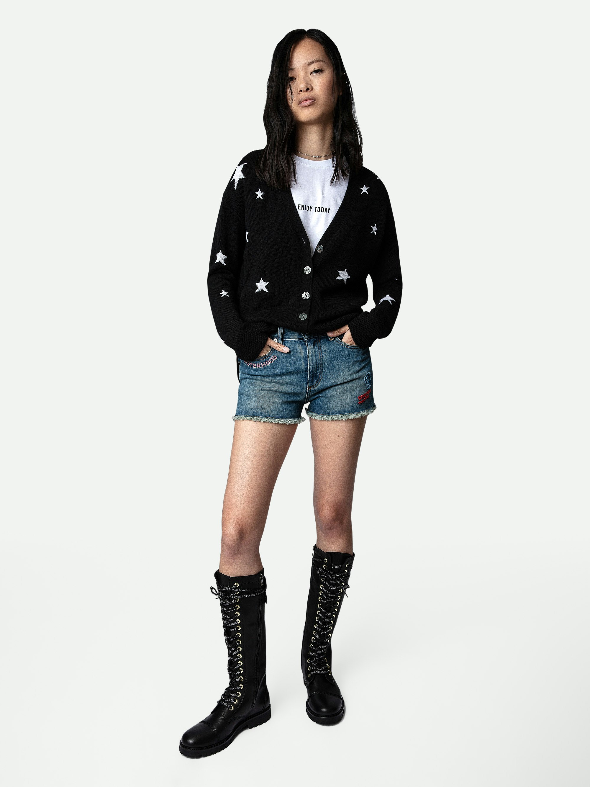 Cardigan Mirka Stars 100%  Cashmere - Cardigan in 100% cashmere nero con bottoni e stelle a contrasto donna
